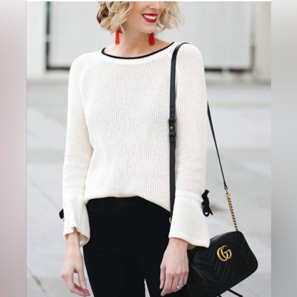 LOFT Elegant Cream Sweater with Black Ribbon Accents